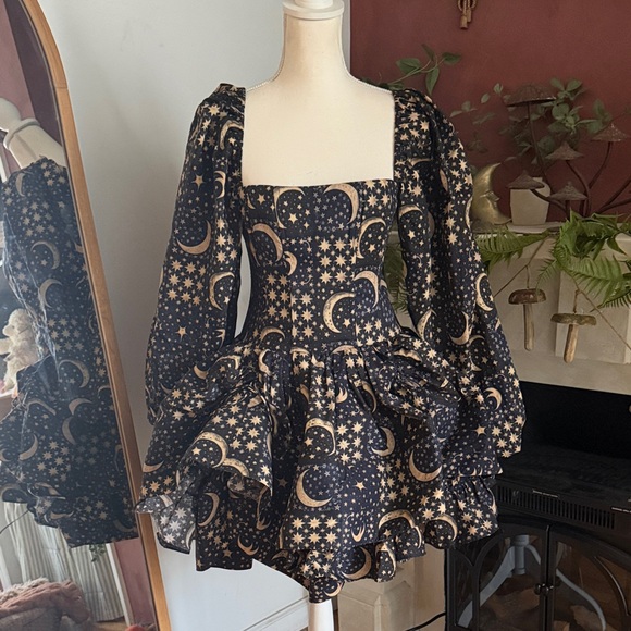 Selkie Dresses & Skirts - Selkie Whimsigoth Etoile Moon Quilt Celestial Print Puff Sleeve Dress